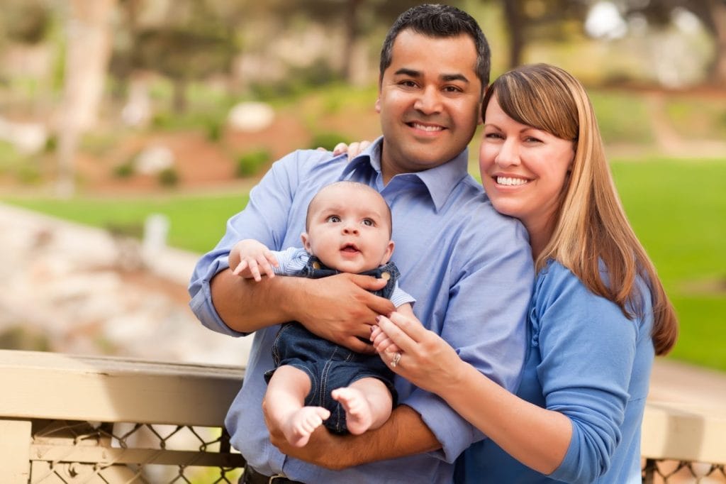 Mixed-race family posing for a portrait.