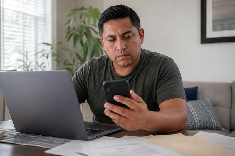Hombre revisa en línea si tiene una orden de deportación usando su computadora y teléfono