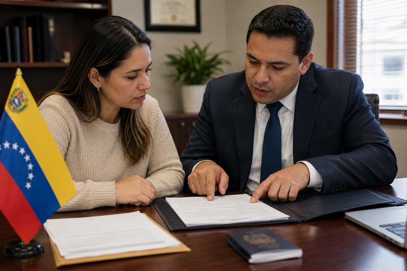Abogado revisa documentos migratorios de una venezolana afectada por los cambios del TPS