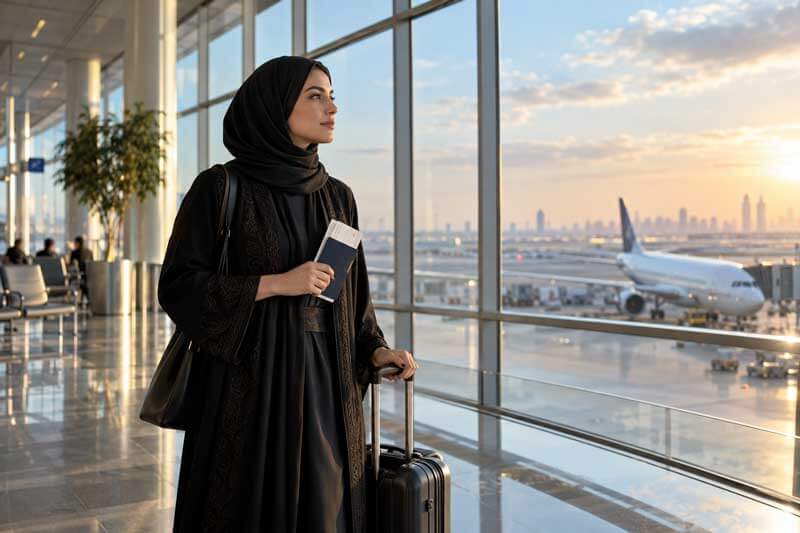 Mujer con TPS en un aeropuerto antes de un viaje internacional autorizado