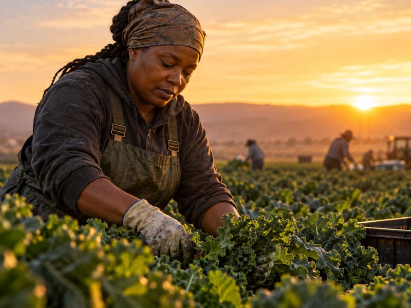 Trabajadora afroamericana cosechando verduras en California, imagen sobre los derechos laborales de los inmigrantes.