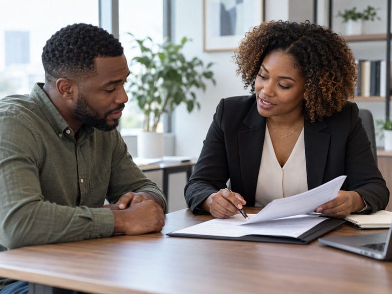 Black man consulting a professional about documents and possible immigration options.