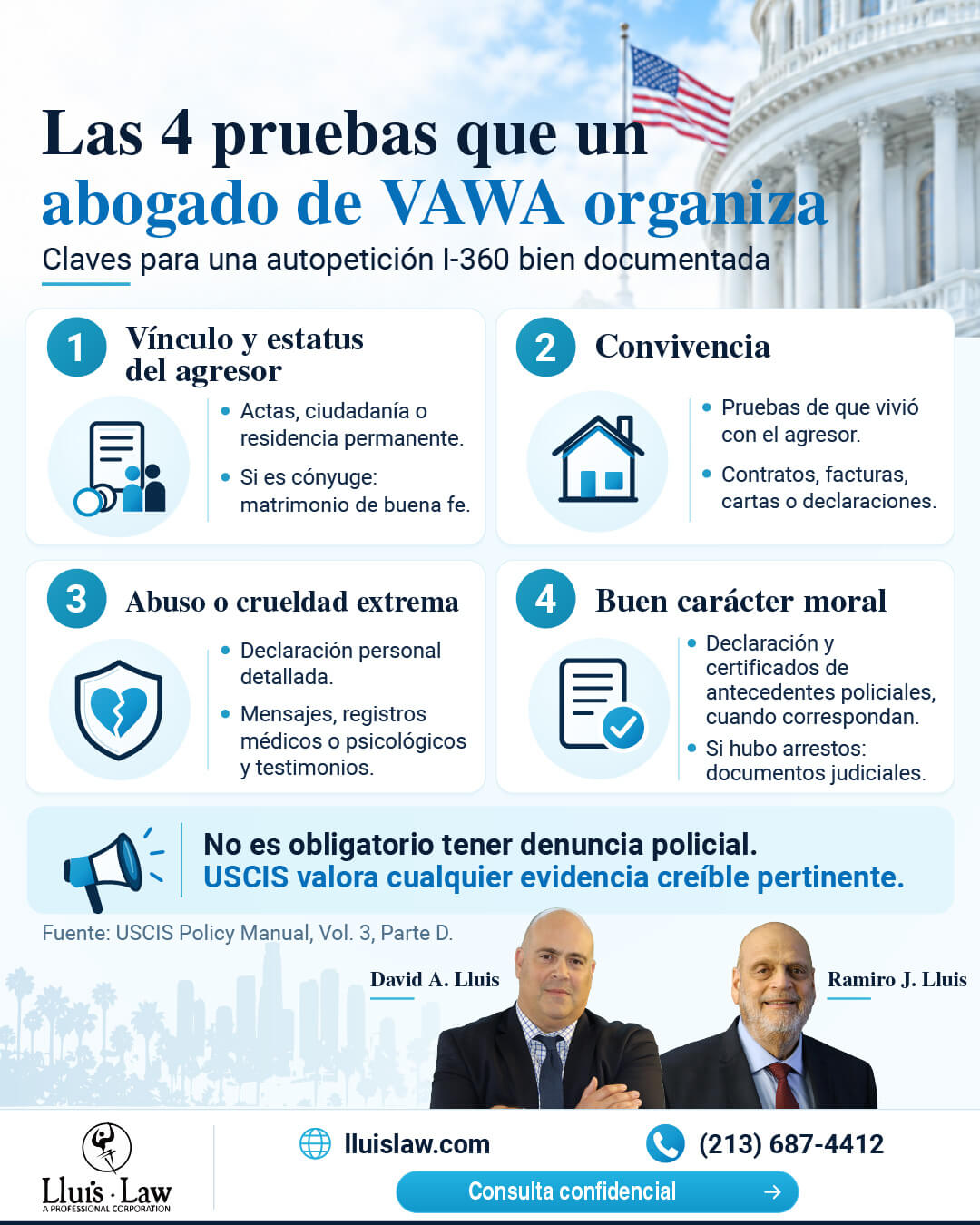 Cuatro pruebas para solicitar VAWA: vínculo familiar, convivencia, abuso y buen carácter moral.
