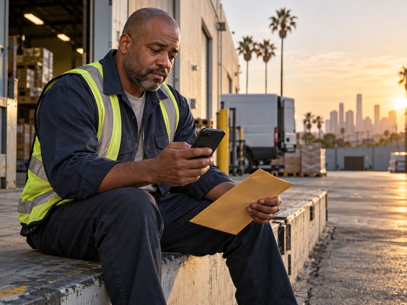 Black worker in California checking his phone during a break at work.